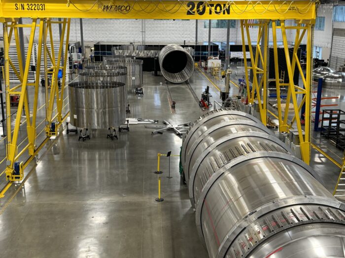 View of barrels on the production floor at Stoke Space